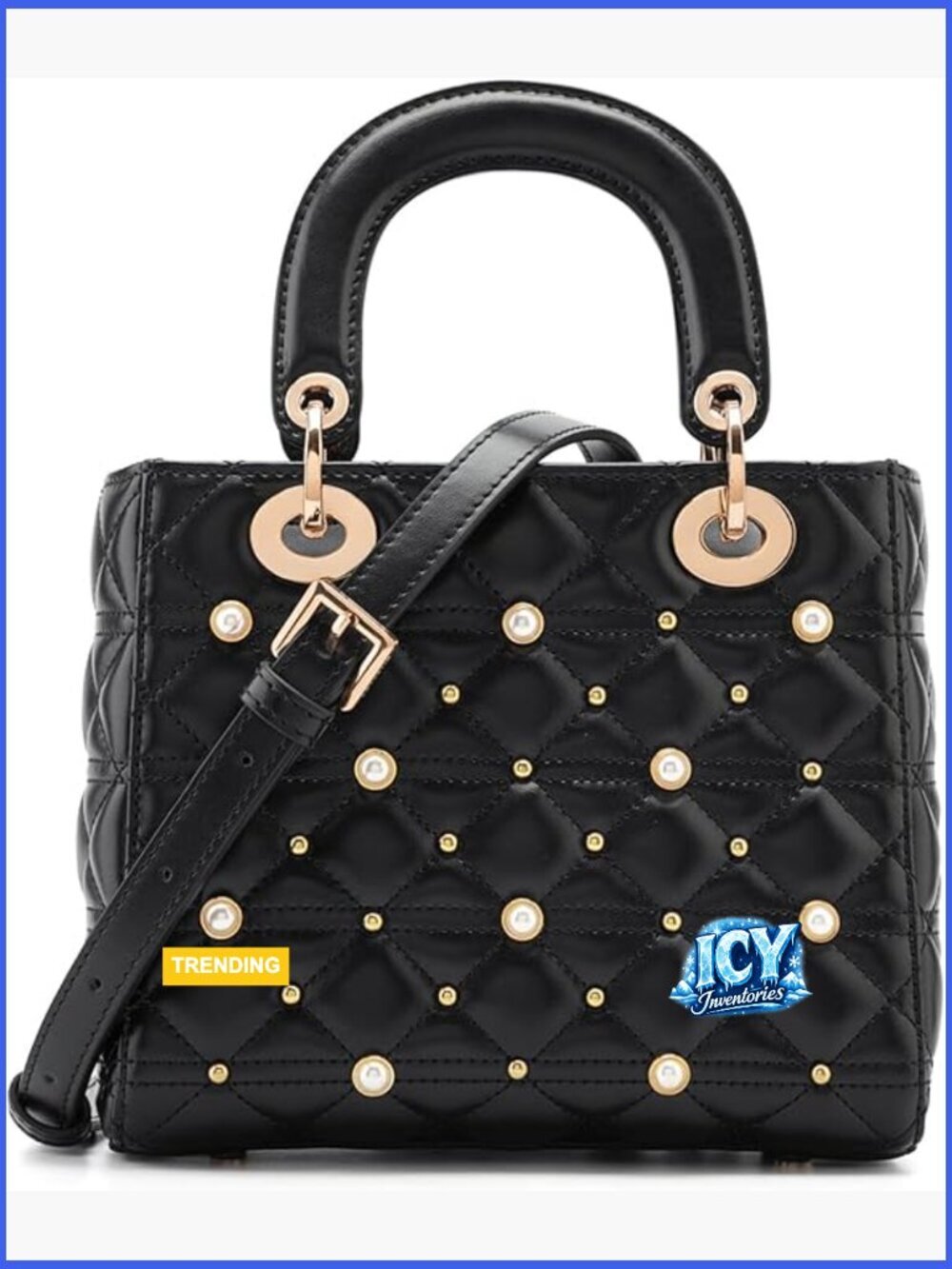 Leather Crossbody Bag with Top Handle, Adjustable Strap, Diamond Quilted